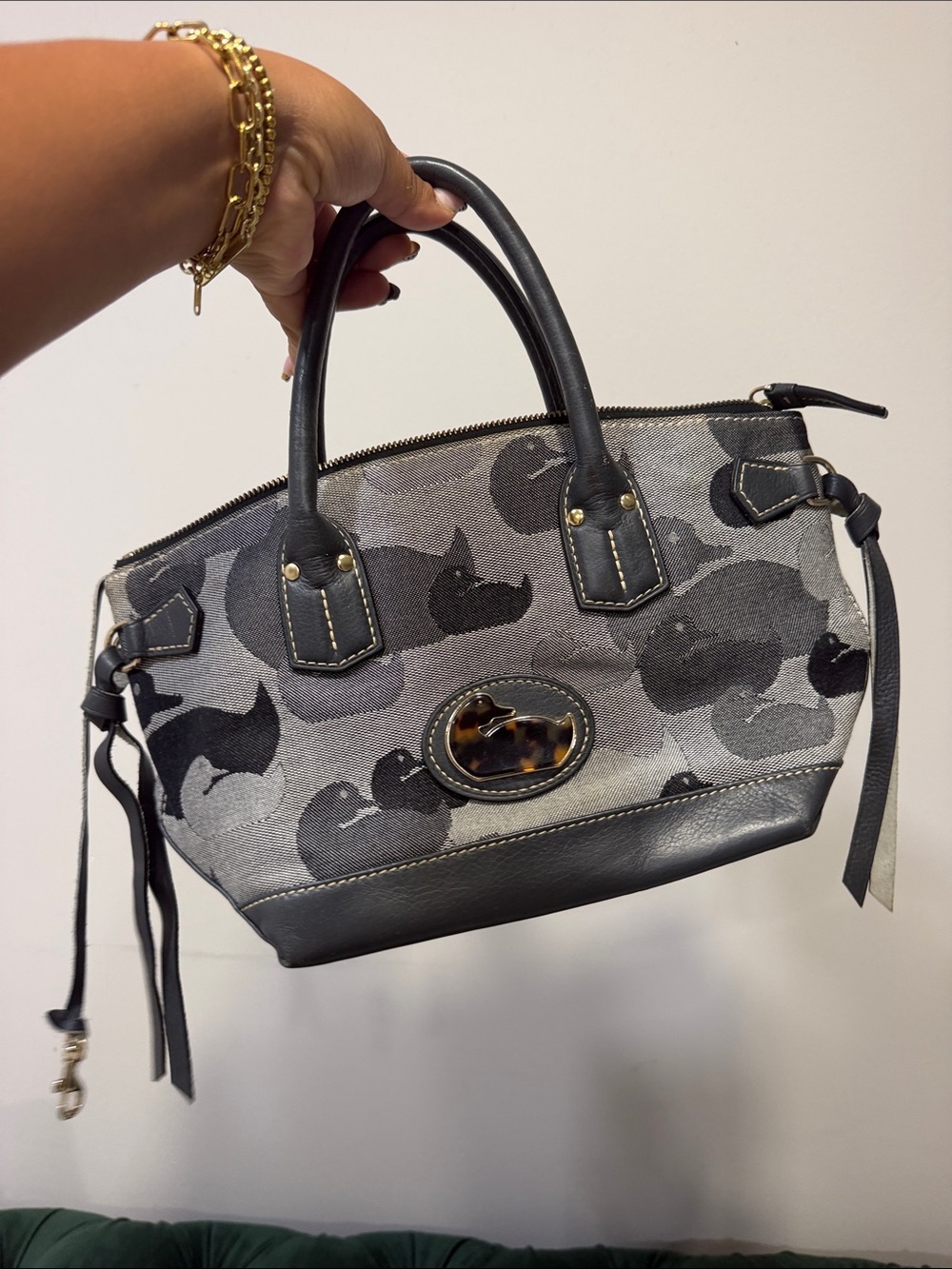 Gray Canvas & Black Leather Satchel Handbag
